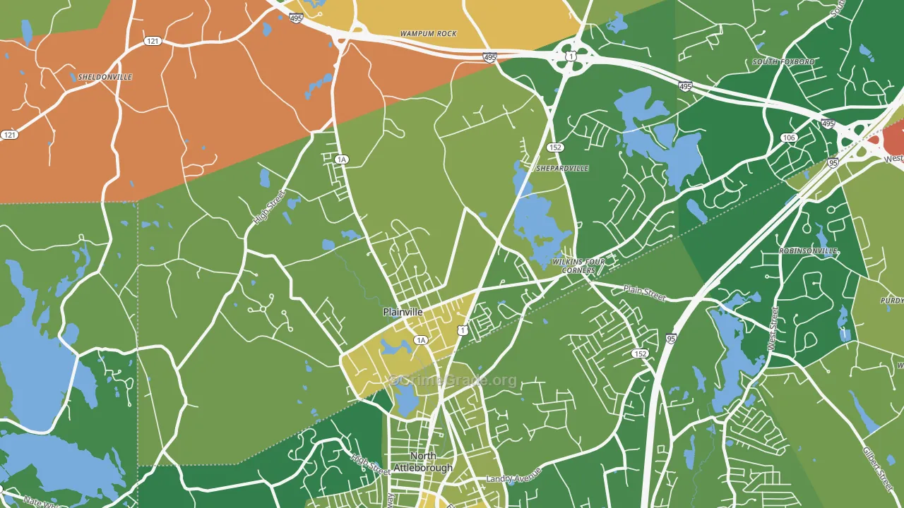 Plainville, MA Map of Burglary Rates