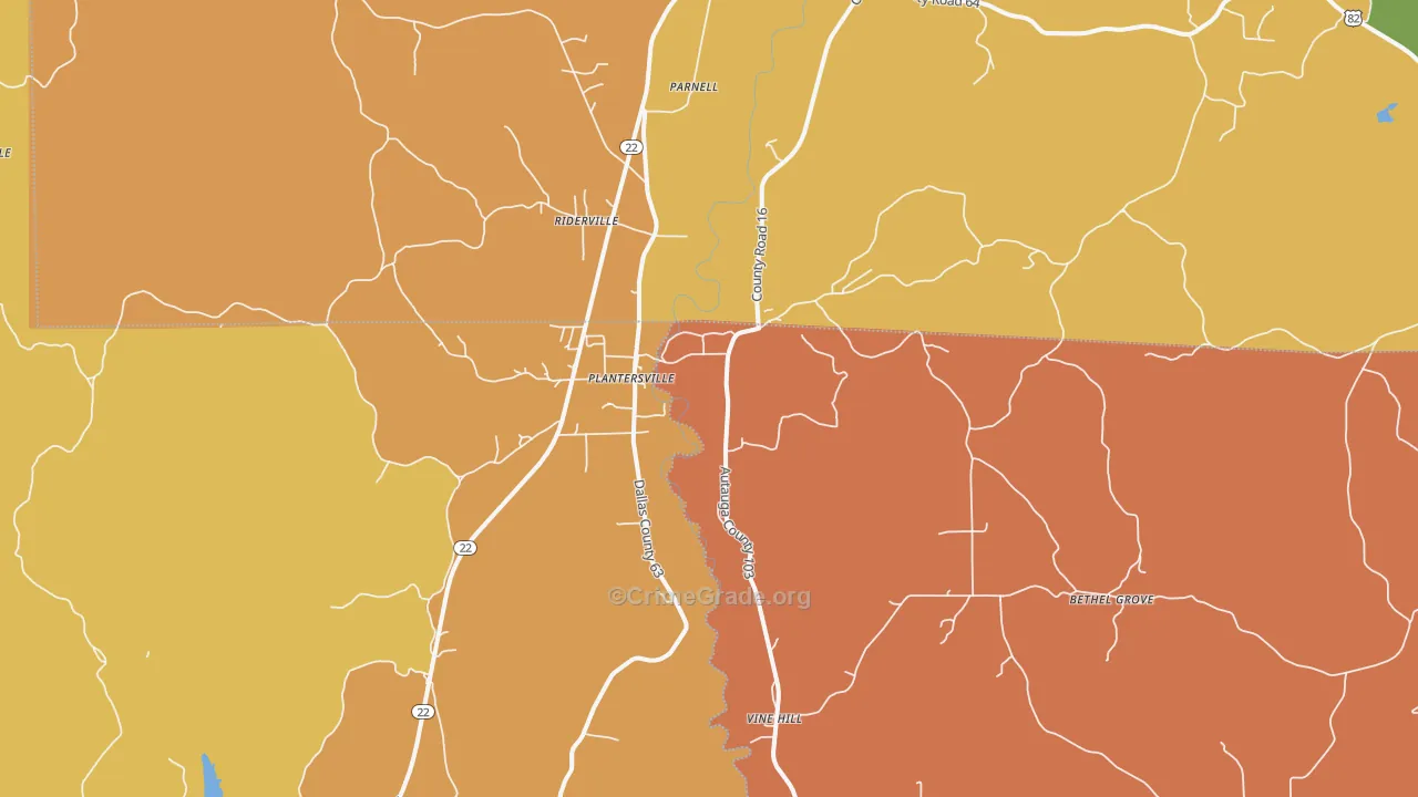 Plantersville, AL Map of Burglary Rates