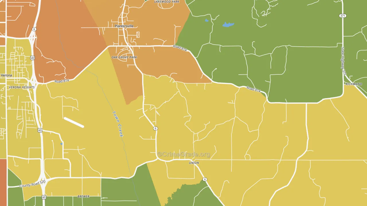 Plantersville, MS Map of Burglary Rates