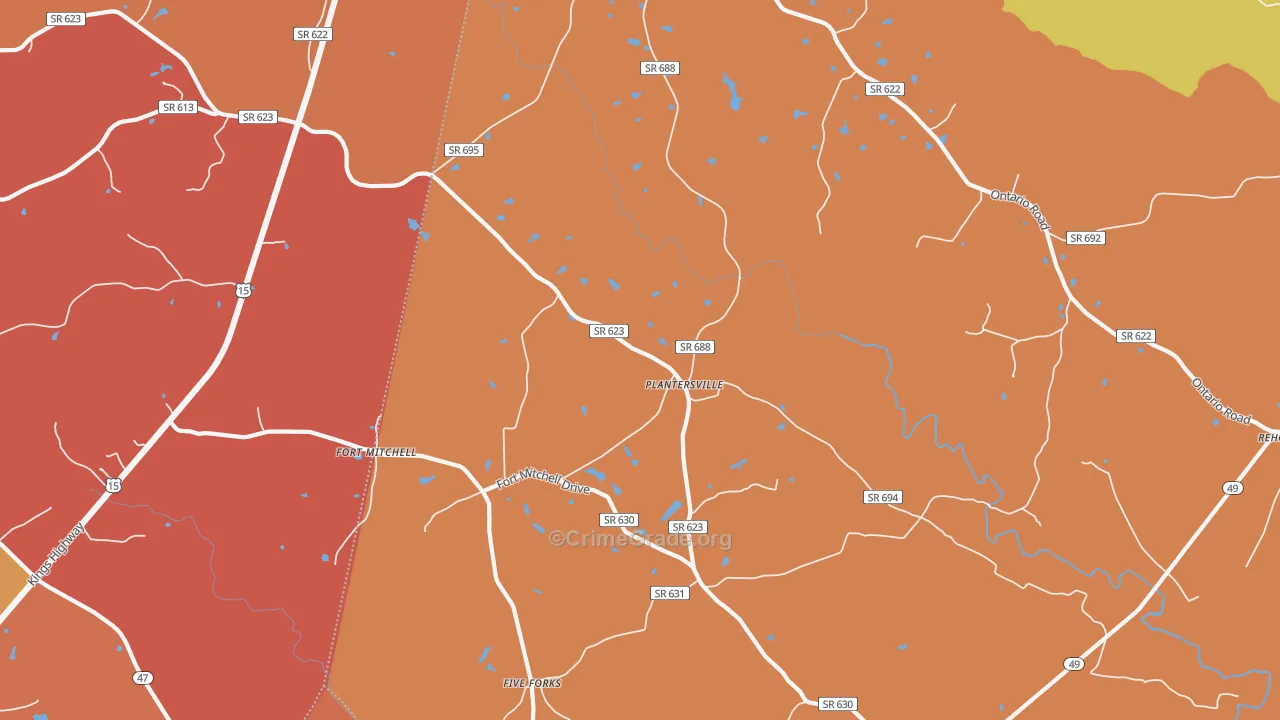 Plantersville, VA Map of Burglary Rates