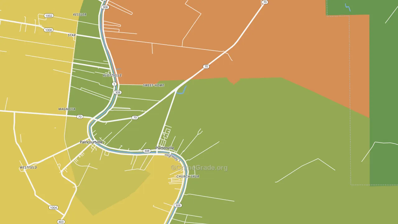 Plattenville, LA Map of Burglary Rates