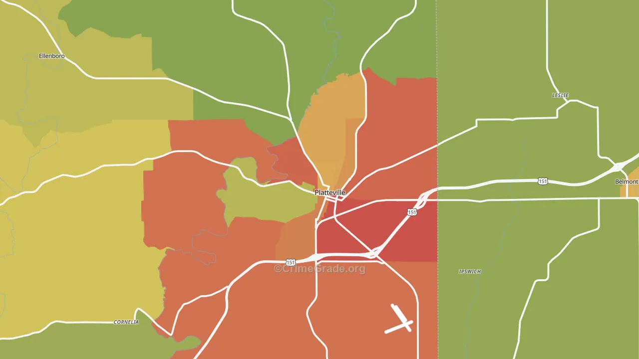 Platteville, WI Map of Burglary Rates
