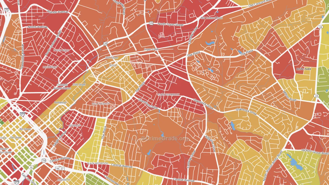 Plaza-Shamrock, Charlotte, NC Map of Burglary Rates