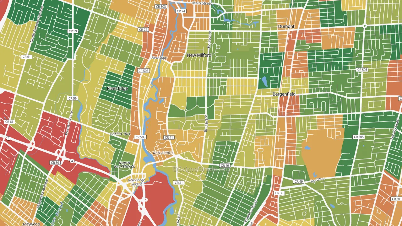 Pleasant Acres, New Milford, NJ Map of Burglary Rates
