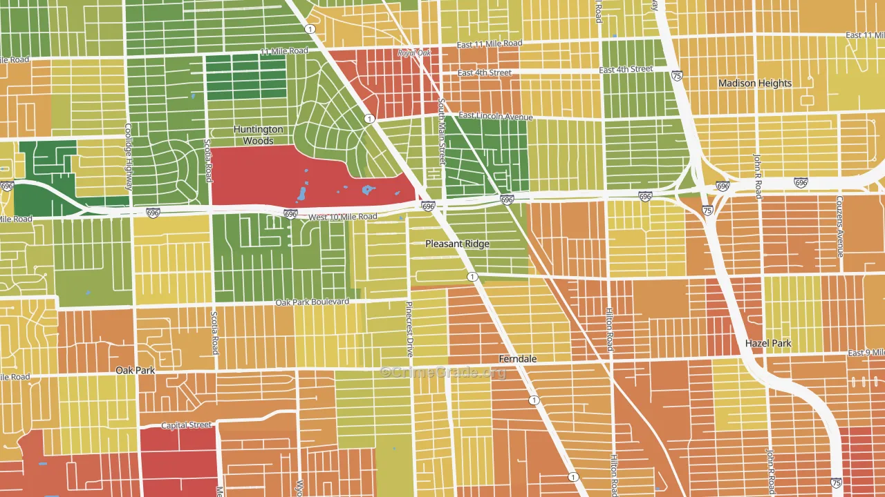 Pleasant Ridge, MI Map of Burglary Rates