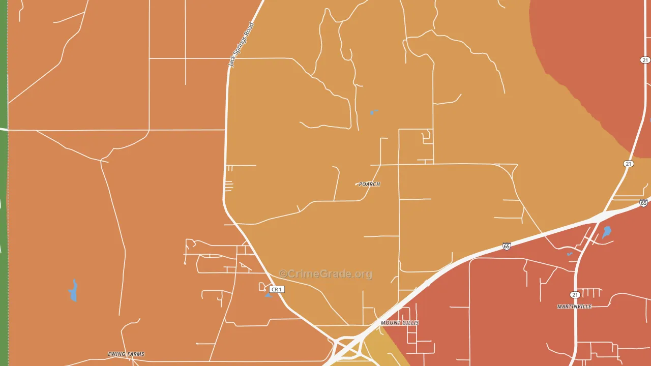 Poarch, AL Map of Burglary Rates