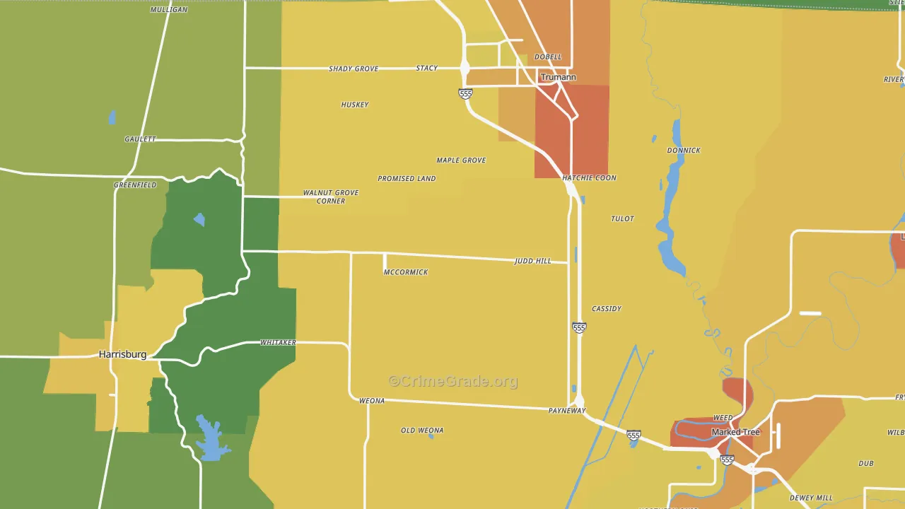 Poinsett County, AR Map of Burglary Rates