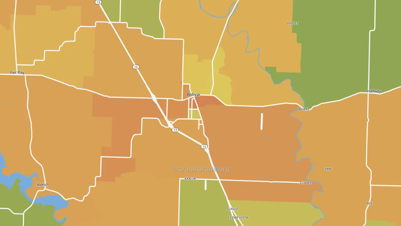 Polk County, MO Map of Burglary Rates