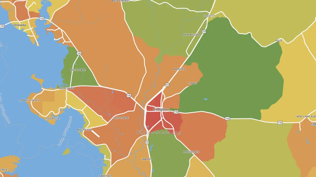 Polk County, TX Map of Burglary Rates