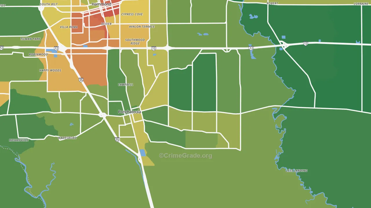 Ponchatoula, LA Map of Burglary Rates