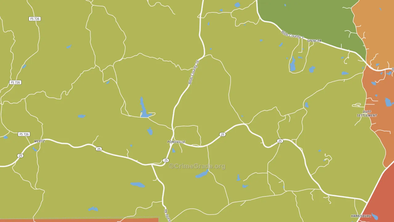Pondville, AL Map of Burglary Rates