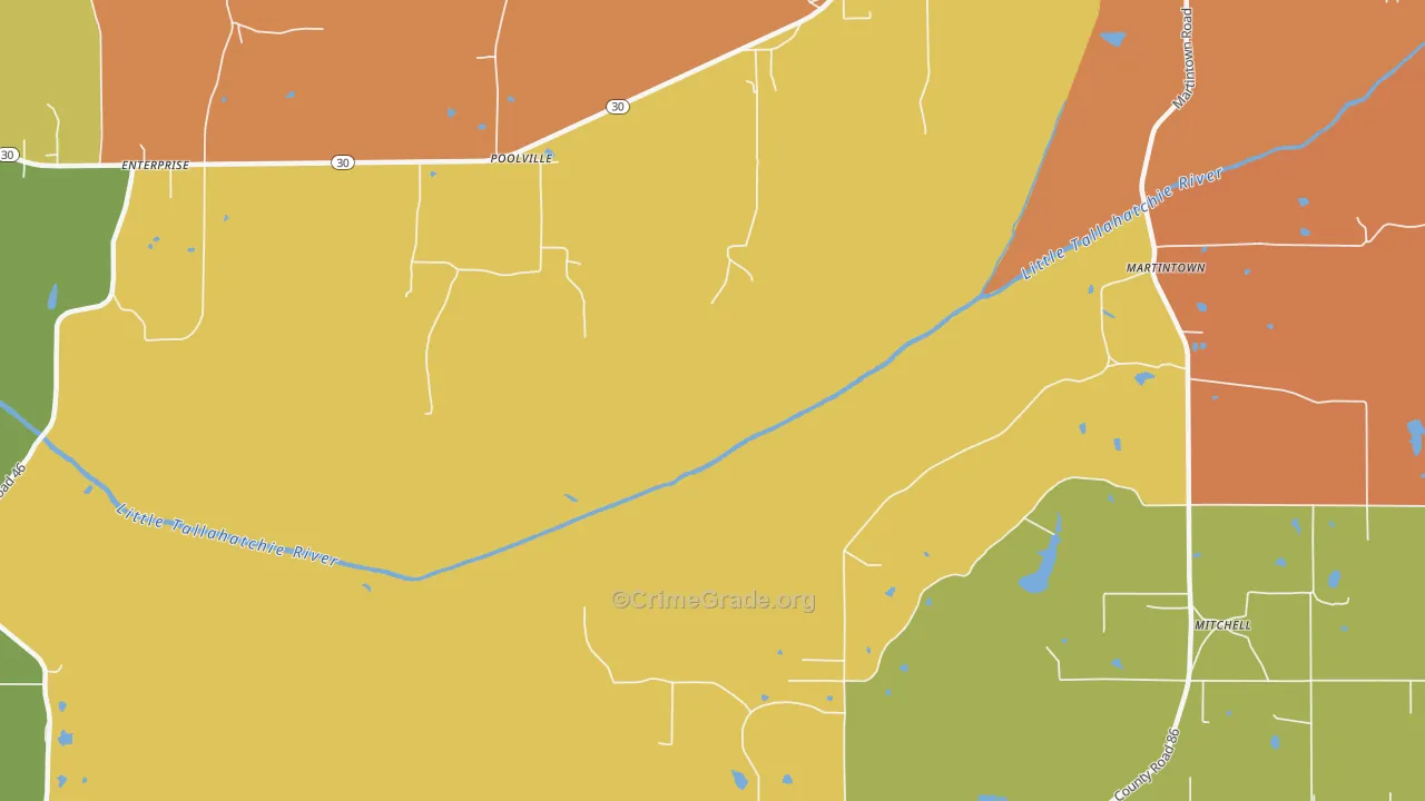 Poolville, MS Map of Burglary Rates
