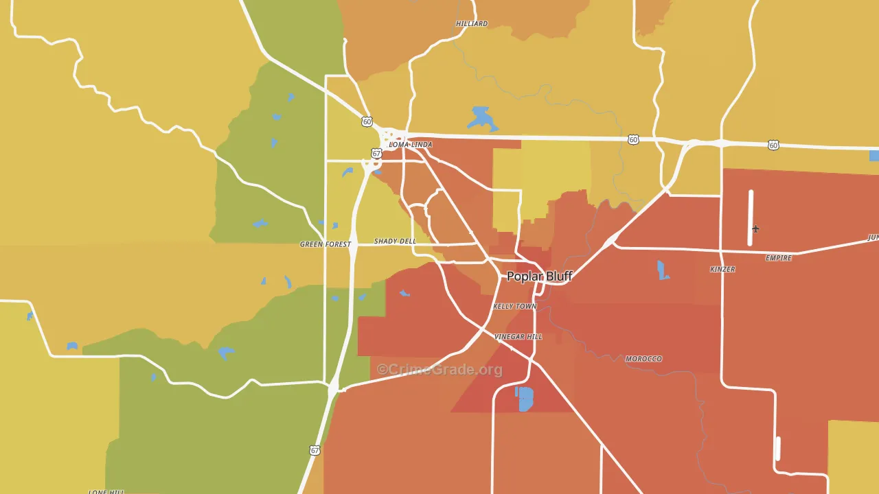 Poplar Bluff, MO Map of Burglary Rates