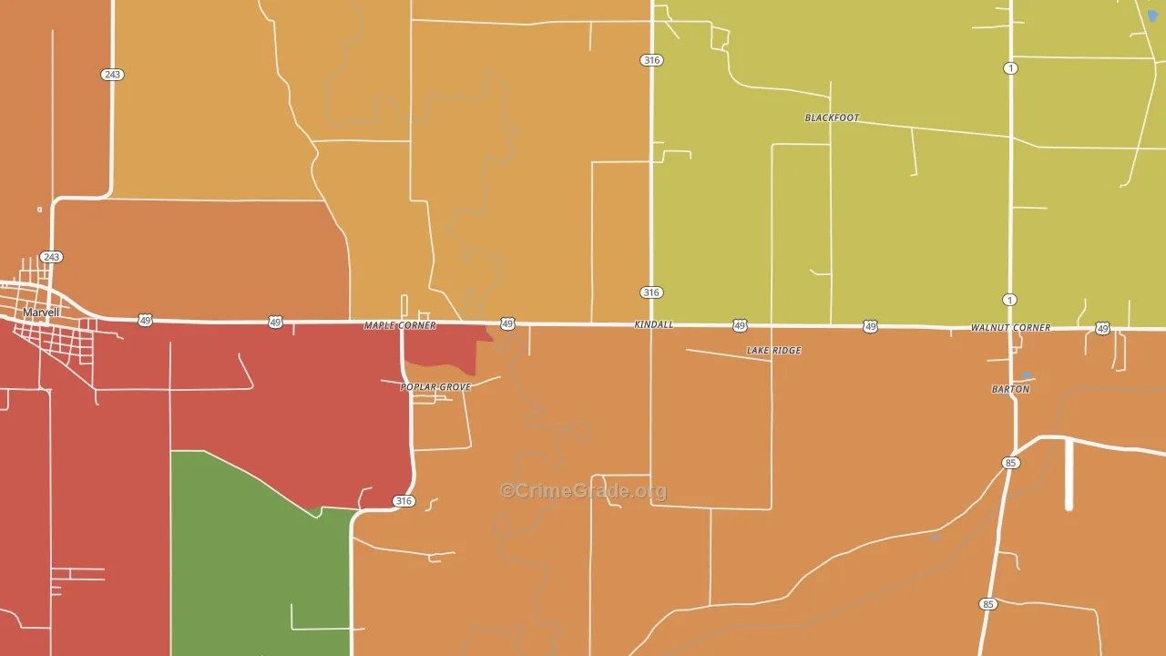 Poplar Grove, AR Map of Burglary Rates