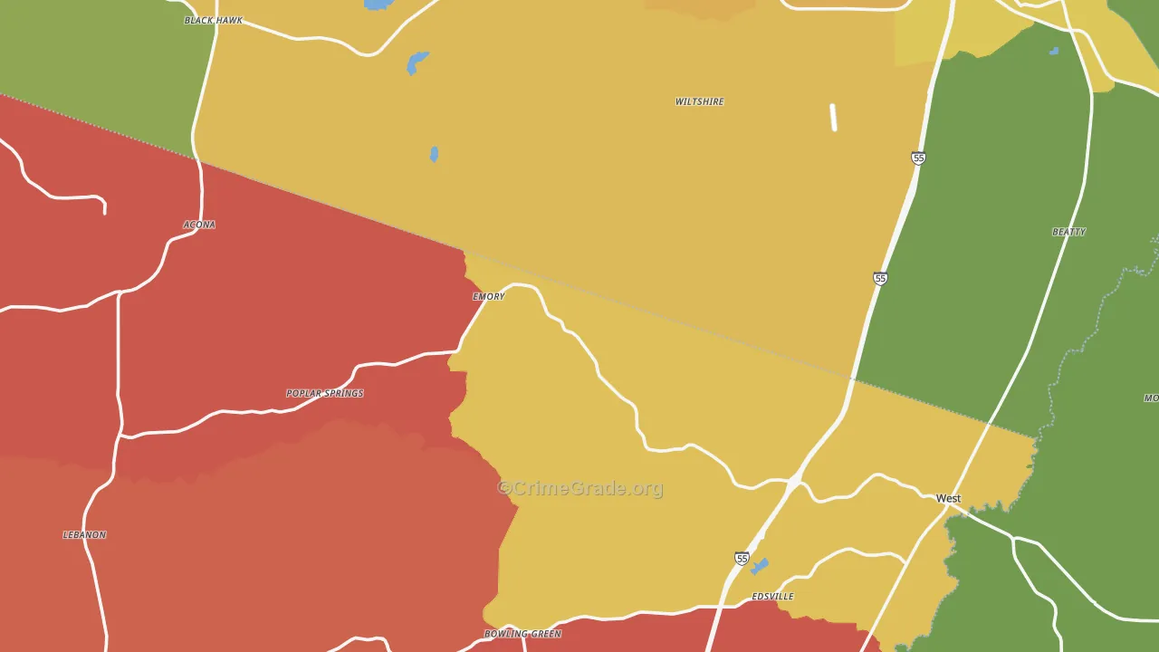 Poplar Springs, MS Map of Burglary Rates