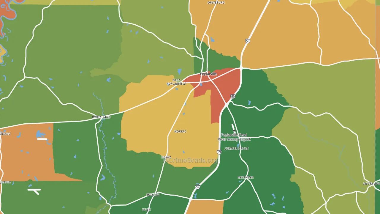 Poplarville, MS Map of Burglary Rates