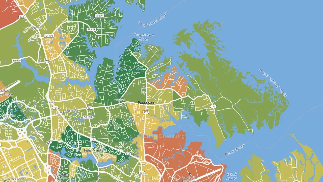 Poquoson City, VA Map of Burglary Rates