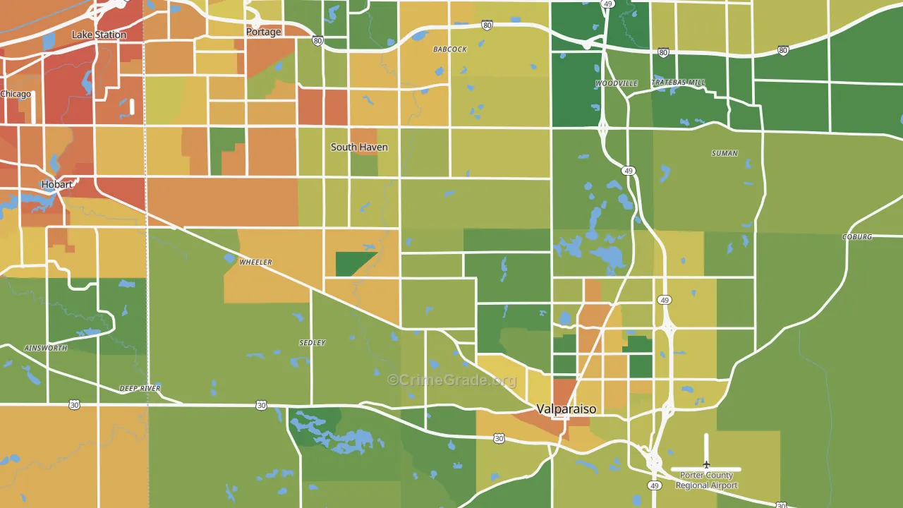 Porter County, IN Map of Burglary Rates