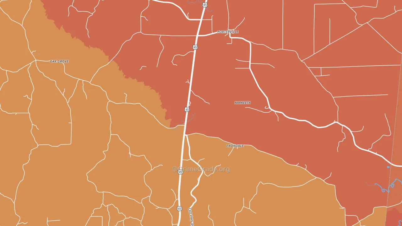 Porterville, MS Map of Burglary Rates