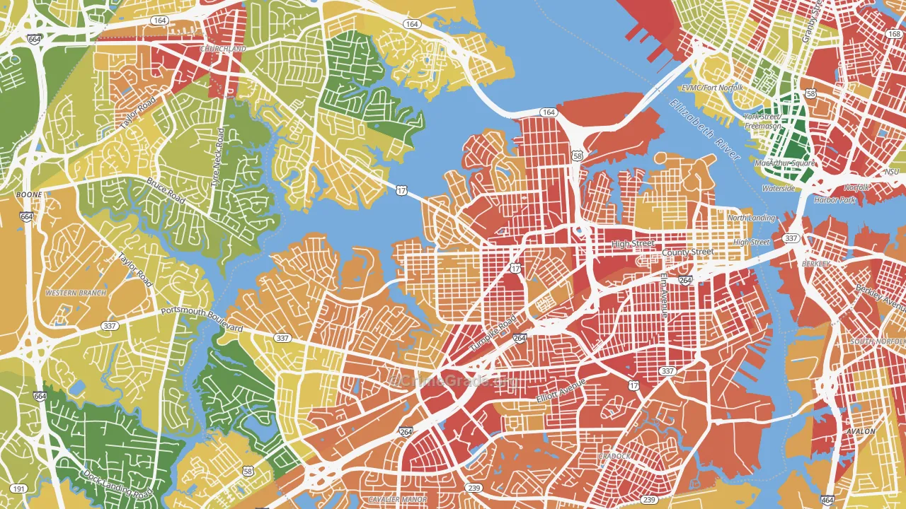 Portsmouth City, VA Map of Burglary Rates
