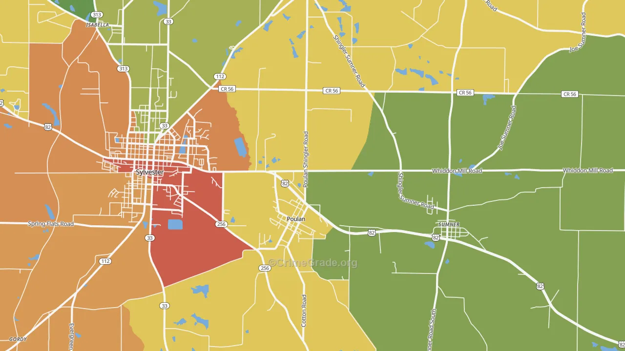 Poulan, GA Map of Burglary Rates