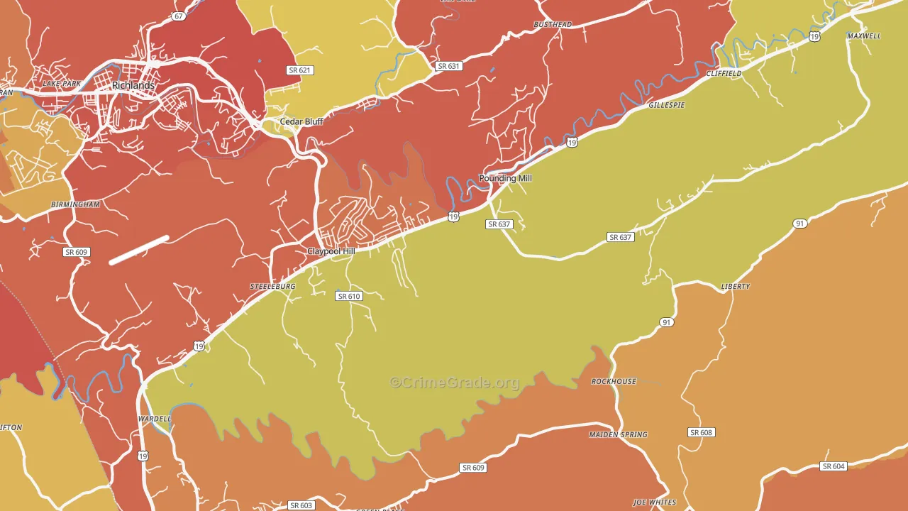 Pounding Mill, VA Map of Burglary Rates