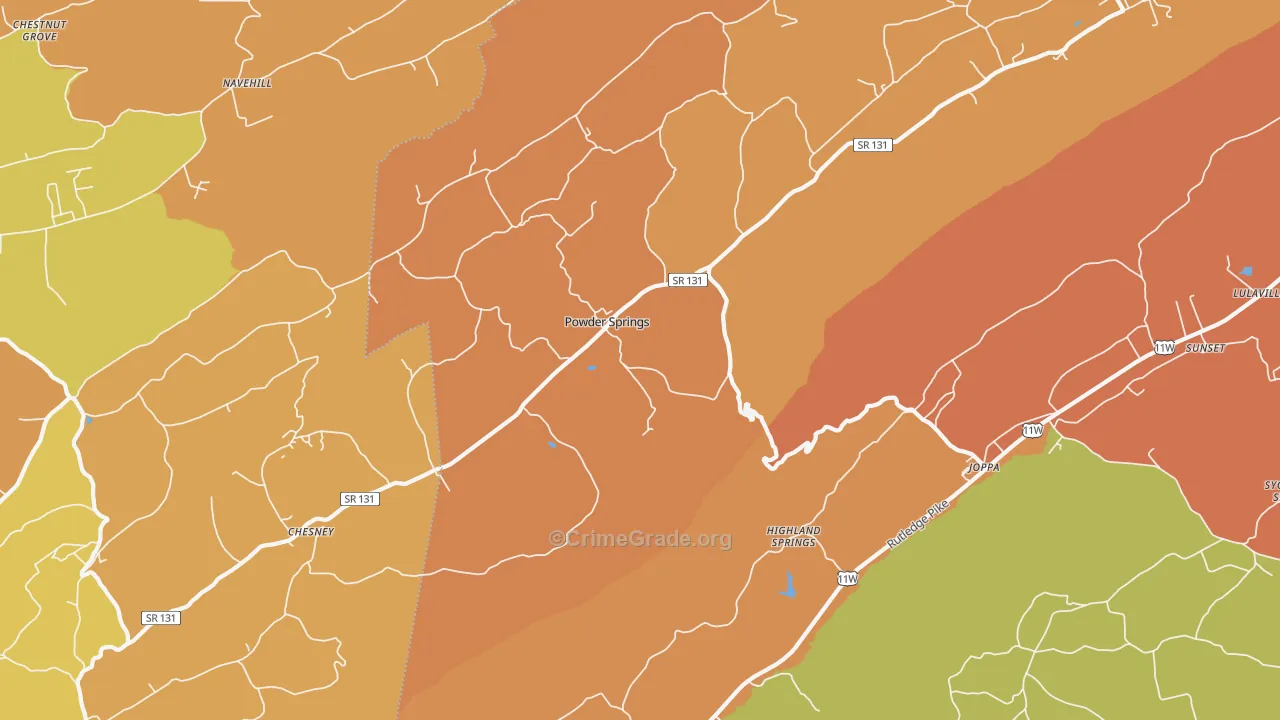 Powder Springs, TN Map of Burglary Rates