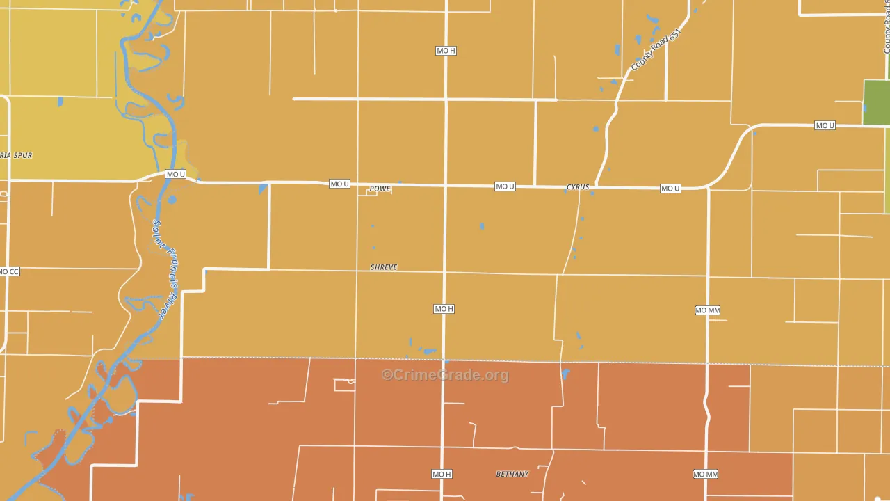 Powe, MO Map of Burglary Rates