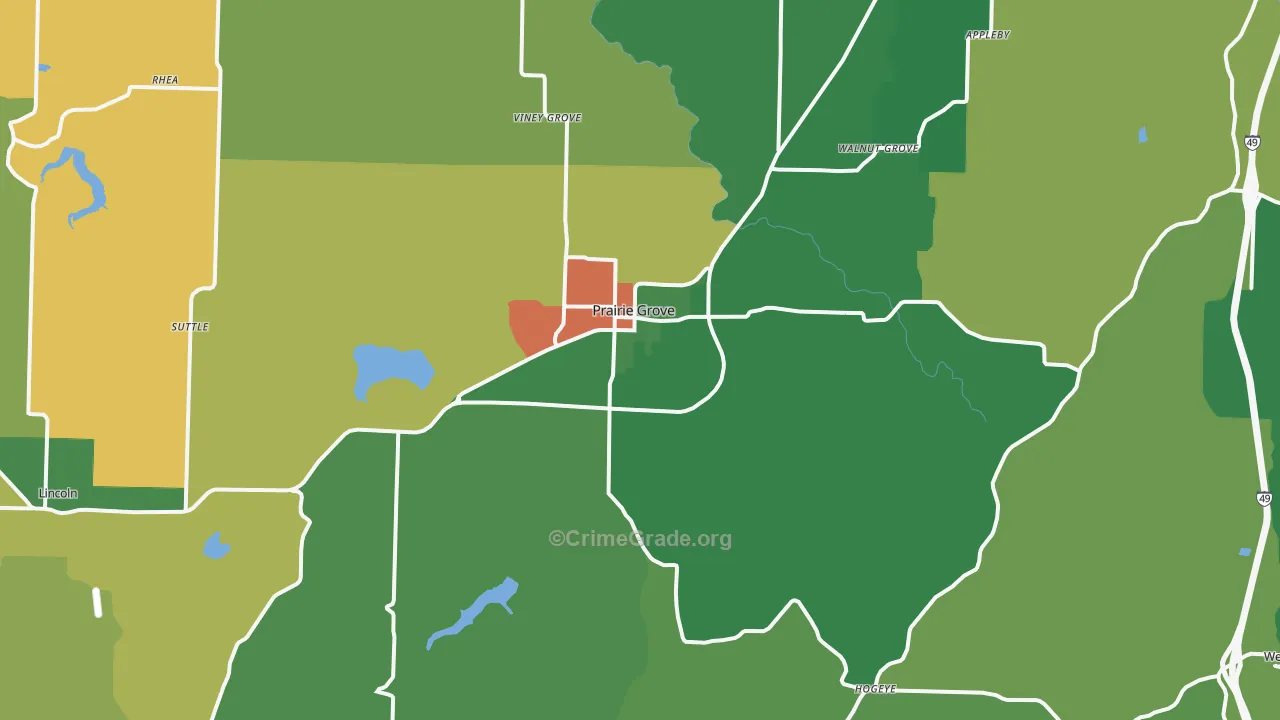 Prairie Grove, AR Map of Burglary Rates