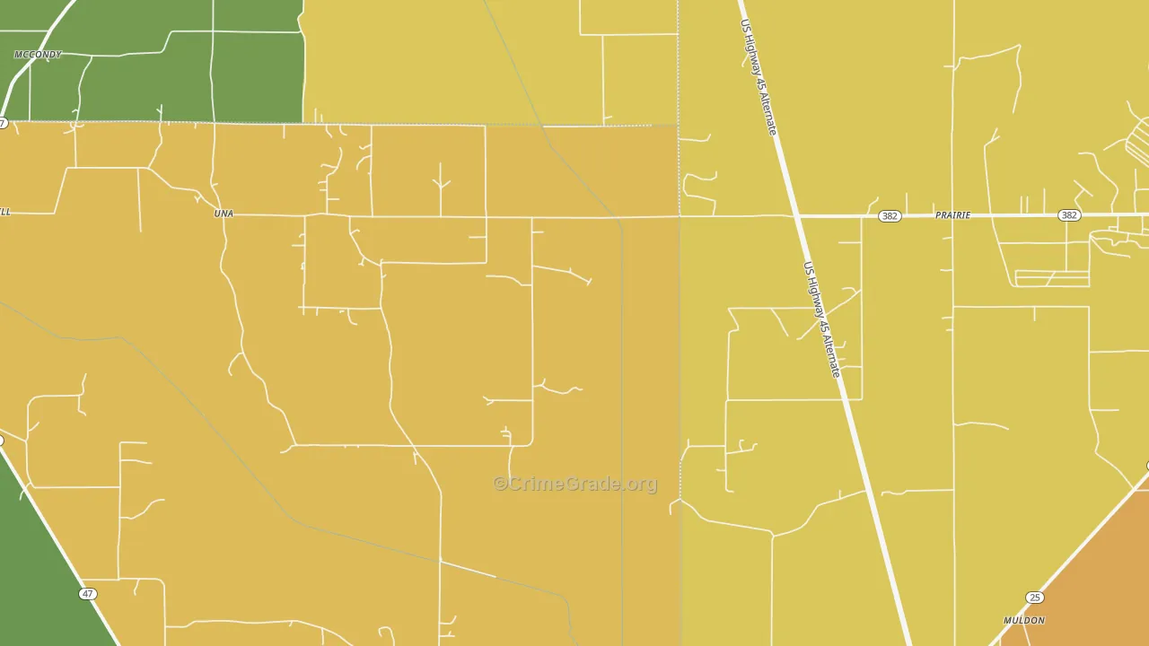 Prairie, MS Map of Burglary Rates