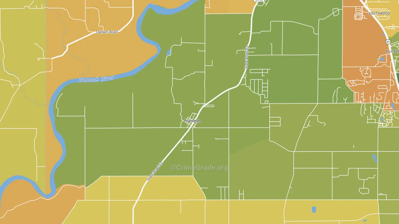 Prairieton, IN Map of Burglary Rates