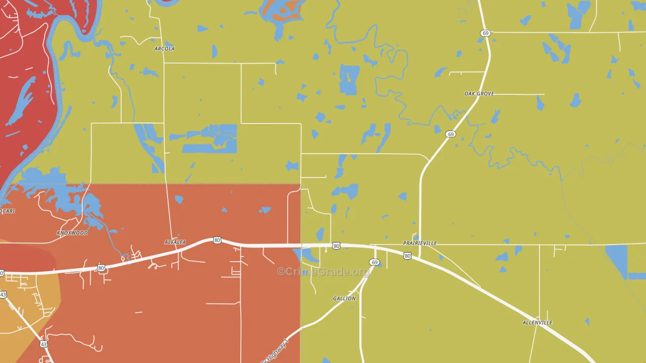 Prairieville, AL Map of Burglary Rates
