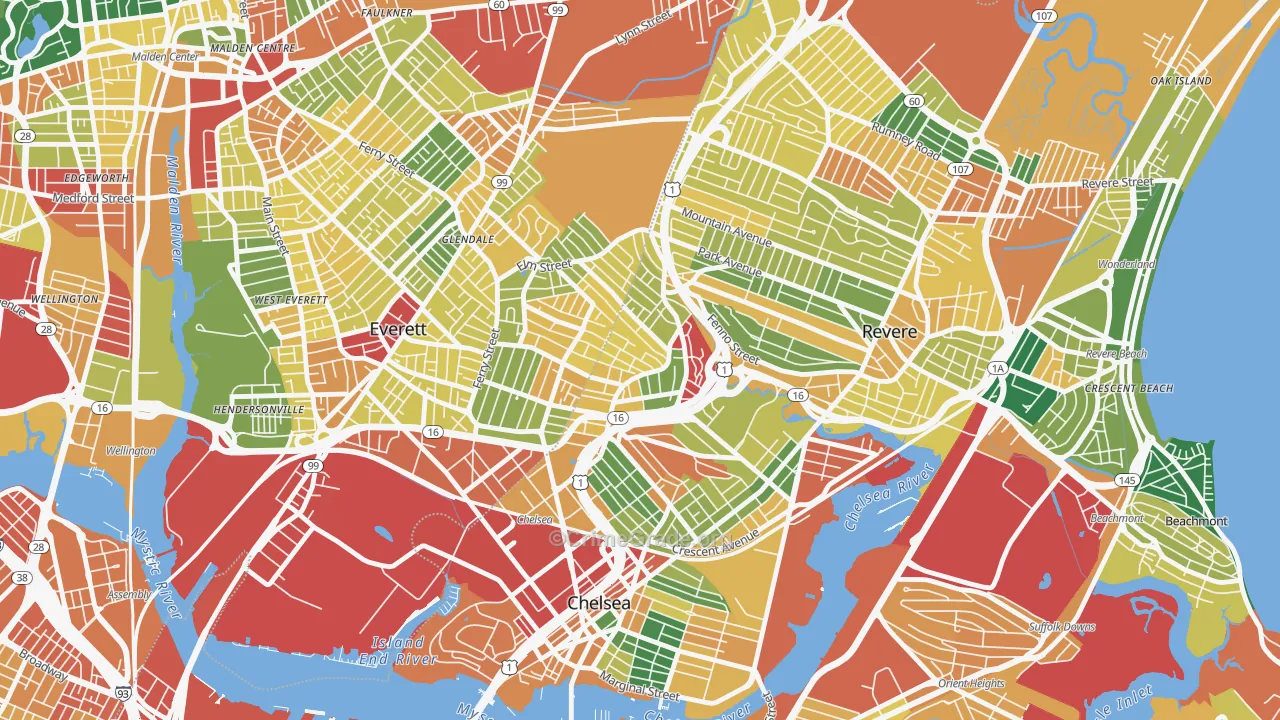 Prattville, Chelsea, MA Map of Burglary Rates