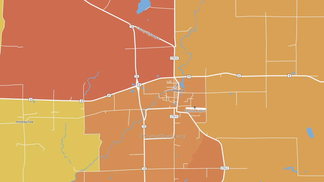 Prentice, WI Map of Burglary Rates