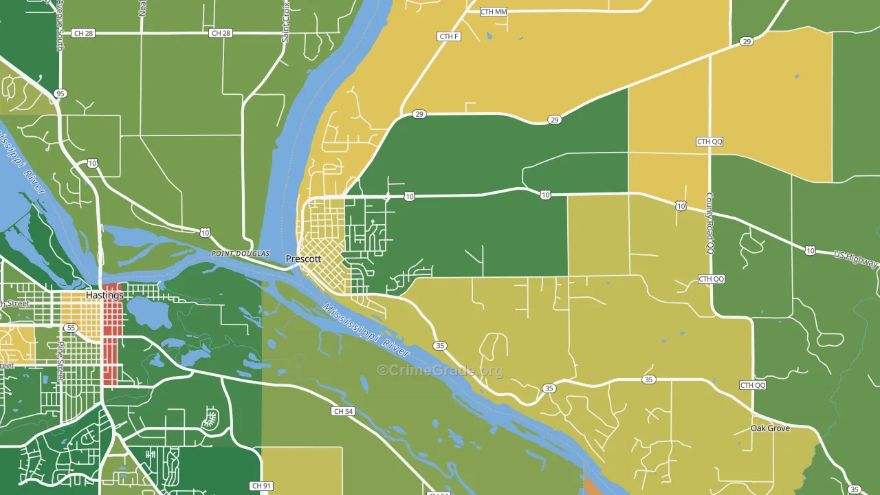 Prescott, WI Map of Burglary Rates