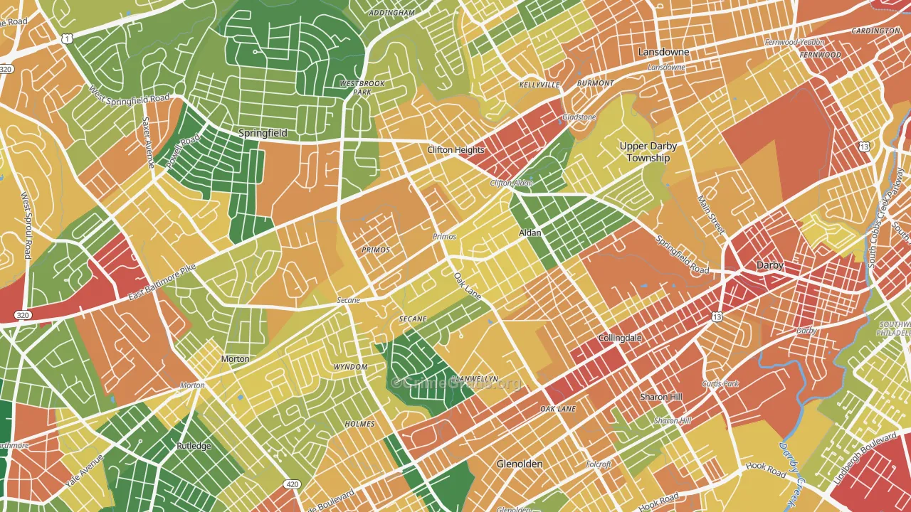 Primos, PA Map of Burglary Rates