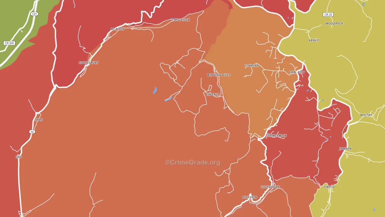 Princewick, WV Map of Burglary Rates