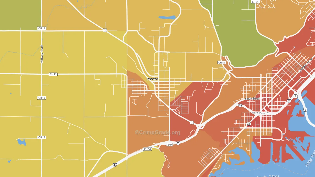 Proctor, MN Map of Burglary Rates
