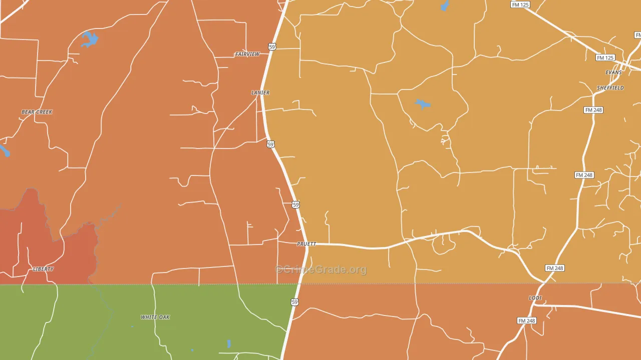 Pruett, TX Map of Burglary Rates