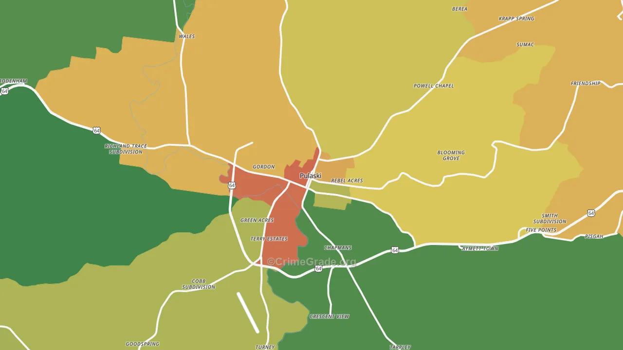 Pulaski, TN Map of Burglary Rates