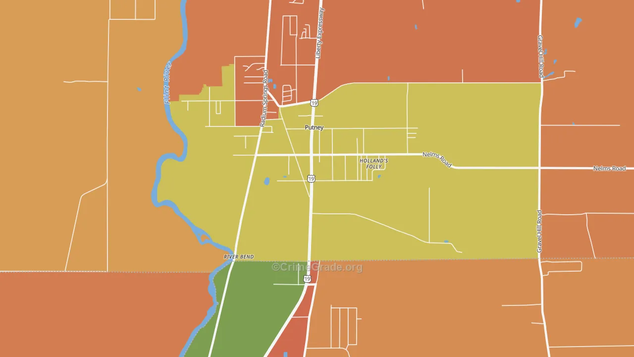 Putney, GA Map of Burglary Rates