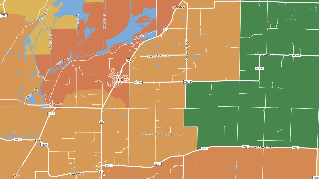 Puxico, MO Map of Burglary Rates
