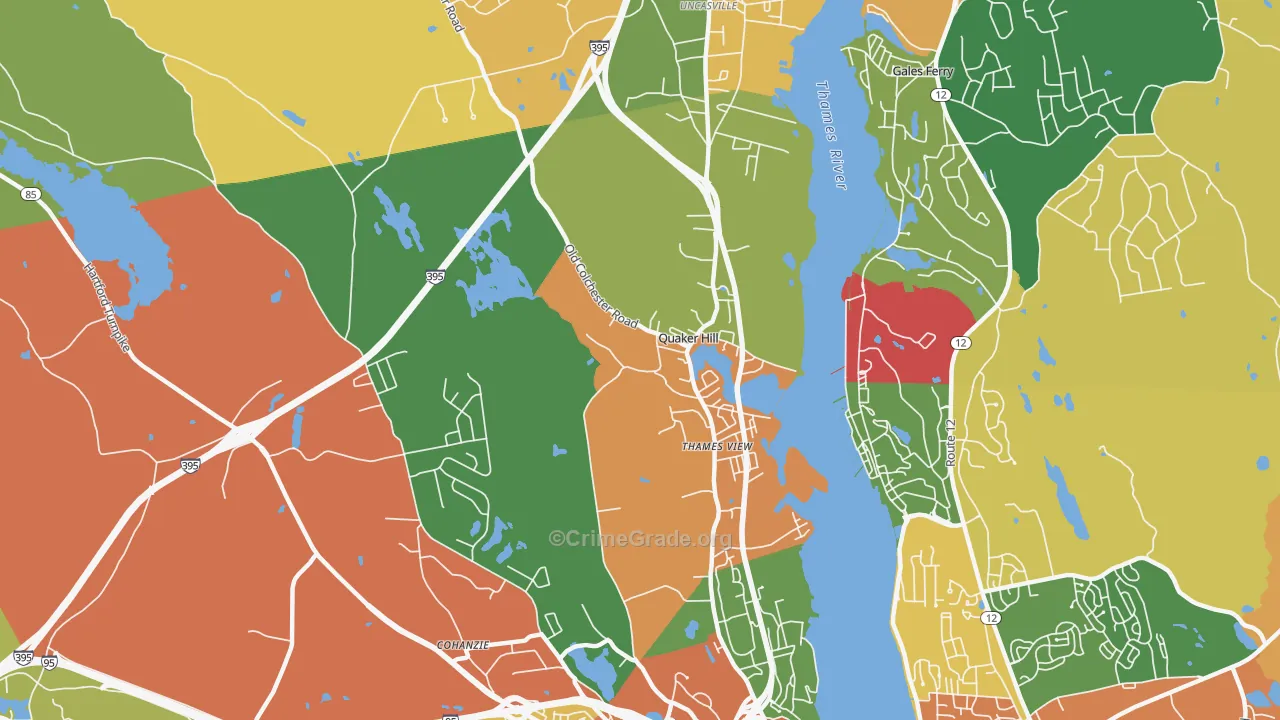 Quaker Hill, CT Map of Burglary Rates