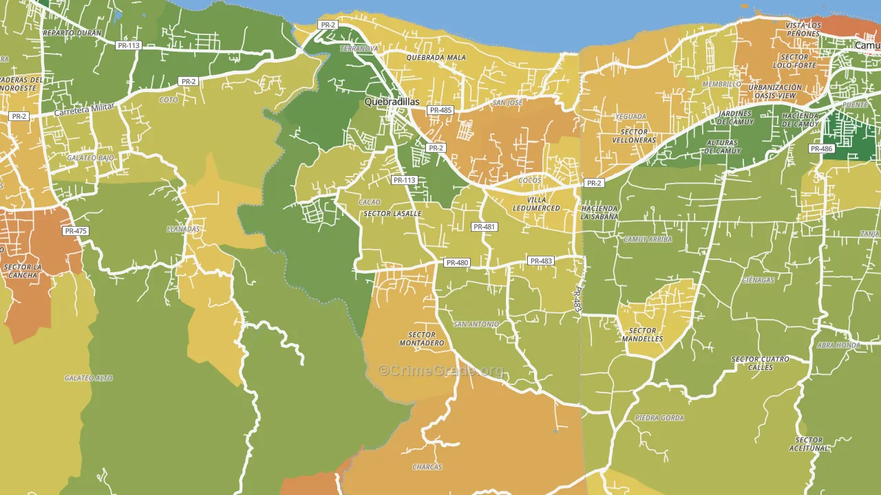 Quebradillas, PR Map of Burglary Rates