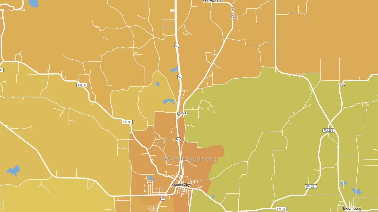 Queen City, TX Map of Burglary Rates