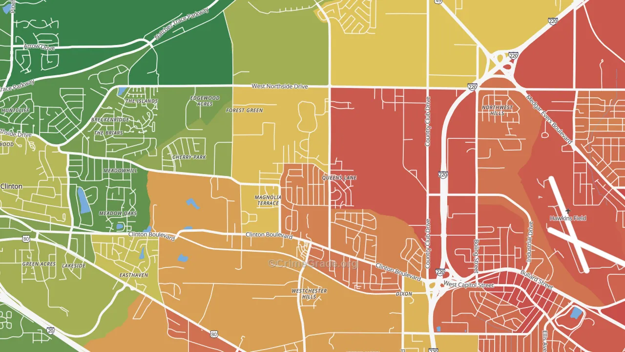 Queens-Magnolia Terrace, Jackson, MS Map of Burglary Rates