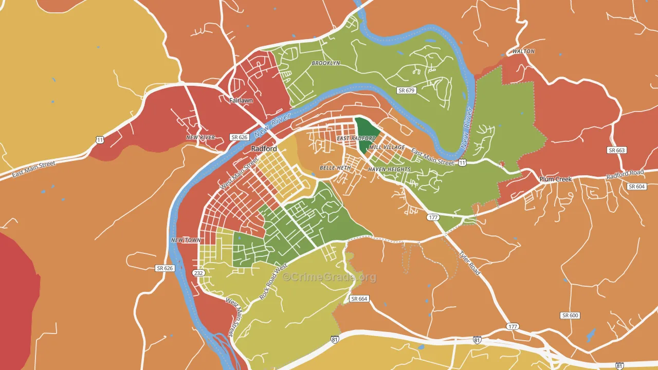 Radford City, VA Map of Burglary Rates