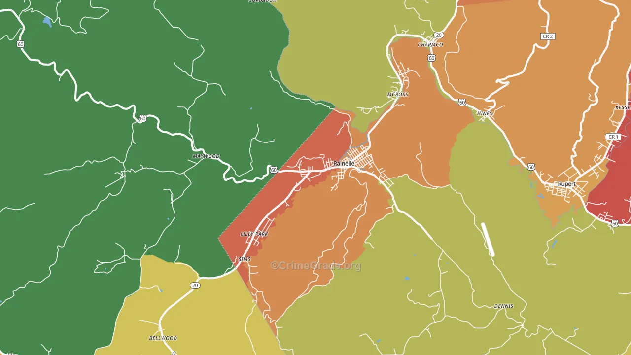 Rainelle, WV Map of Burglary Rates