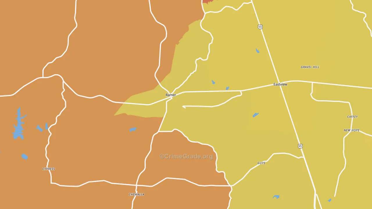Ramer, TN Map of Burglary Rates