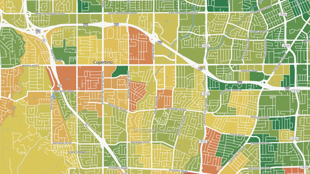 Rancho Rinconada, Cupertino, CA Map of Burglary Rates